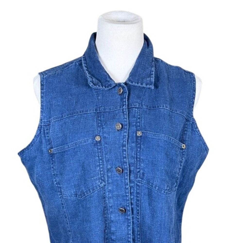 LL Bean Womens Blue 100% Linen Sleeveless Button Up Vest Top Size Large V173